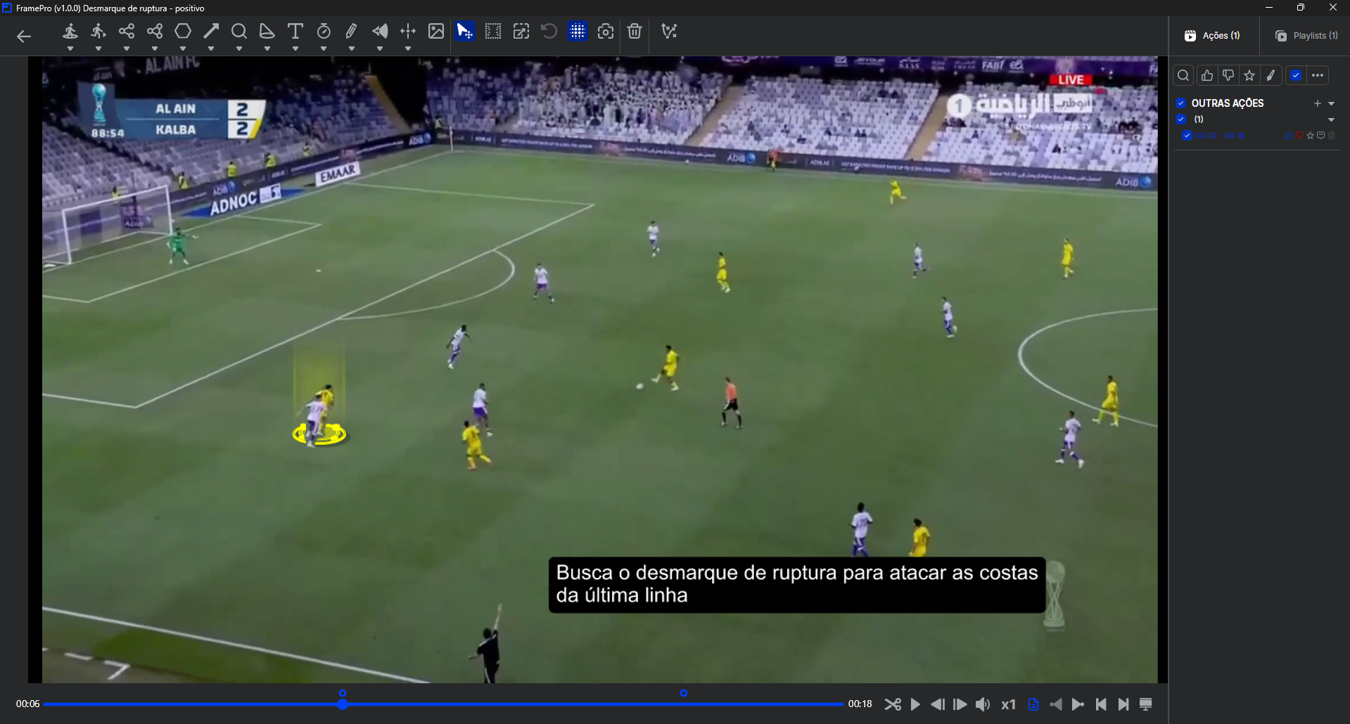 Tela do FramePro destacando um desmarque de ruptura no vídeo